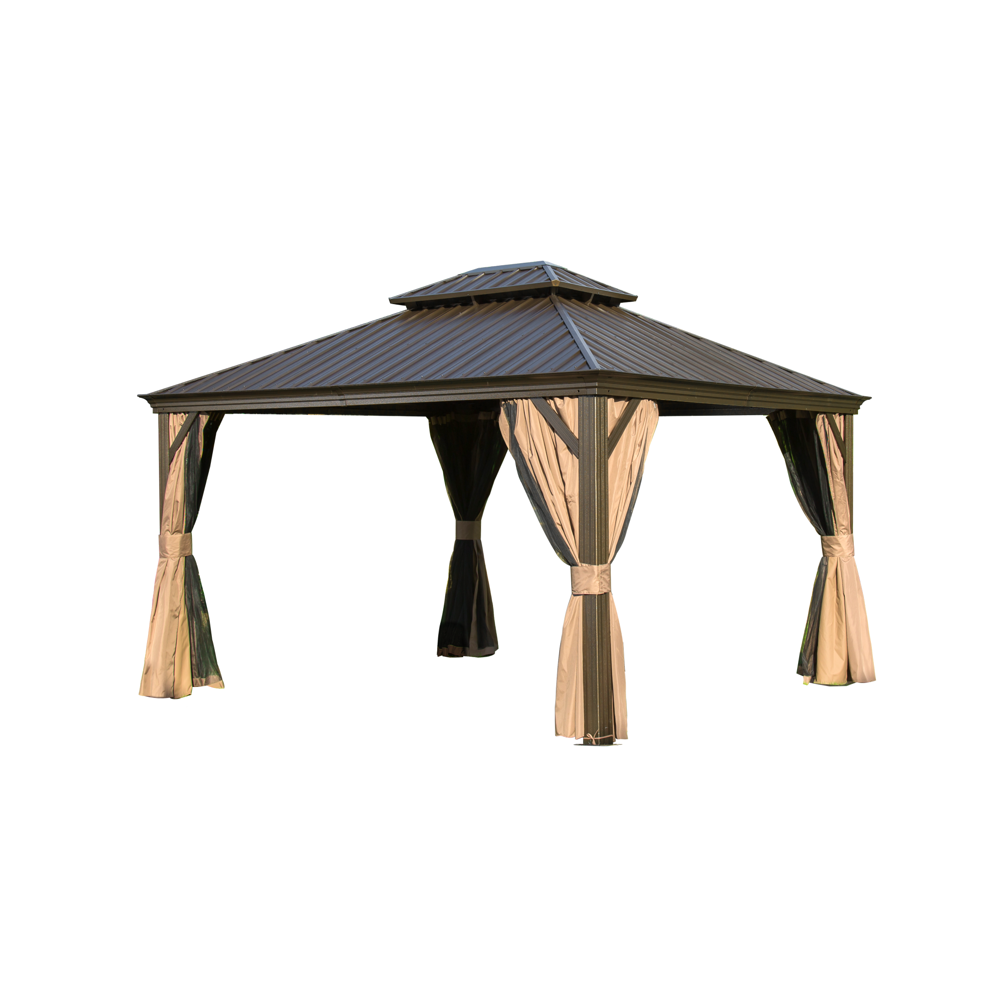 12'X14' Hardtop Gazebo, Outdoor Aluminum Frame Canopy With Galvanized Steel Double Roof, Outdoor Permanent Metal Pavilion With Curtains And Netting For Patio, Backyard And Lawn Brown Brown Aluminium