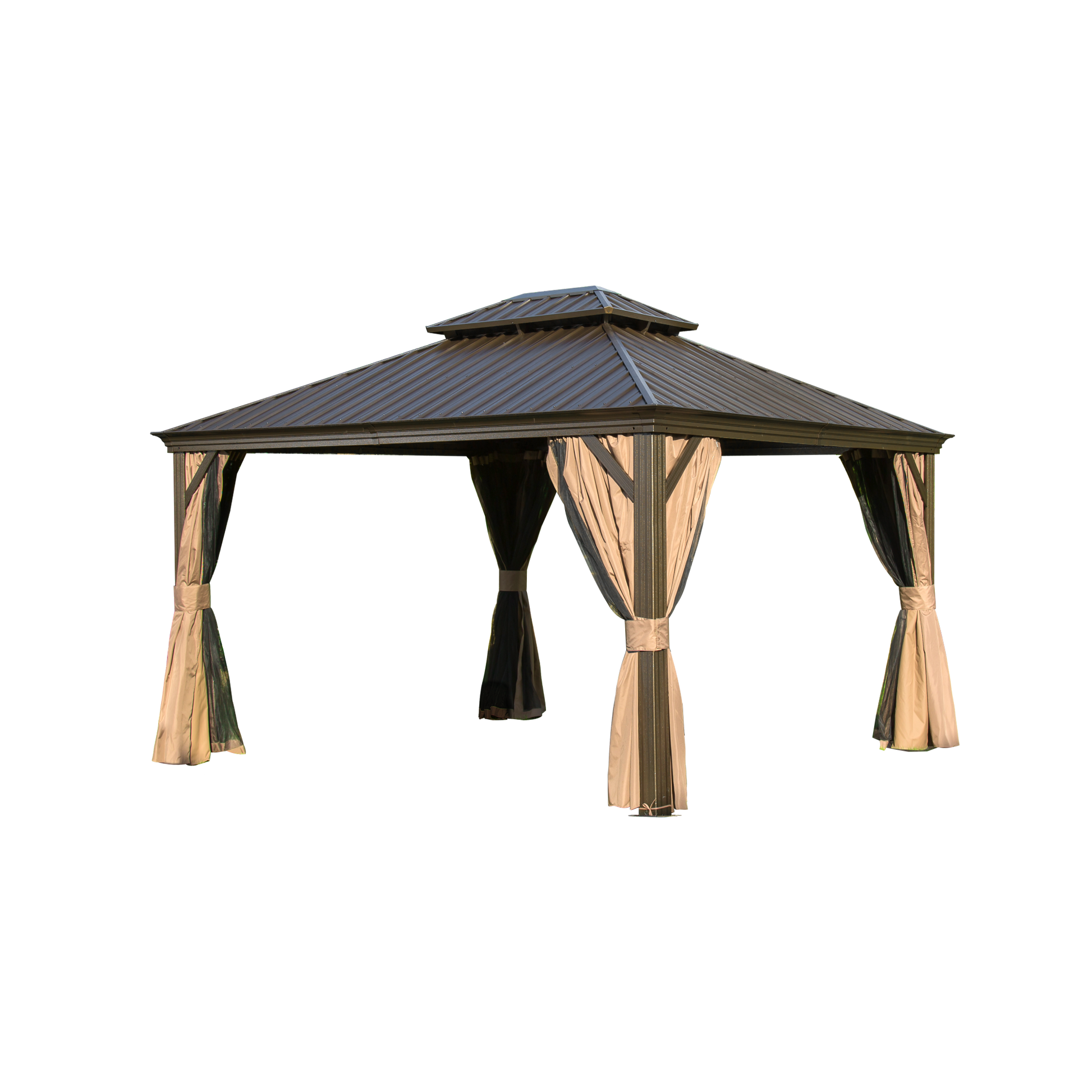 12'X14' Hardtop Gazebo, Outdoor Aluminum Frame Canopy With Galvanized Steel Double Roof, Outdoor Permanent Metal Pavilion With Curtains And Netting For Patio, Backyard And Lawn Brown Brown Aluminium