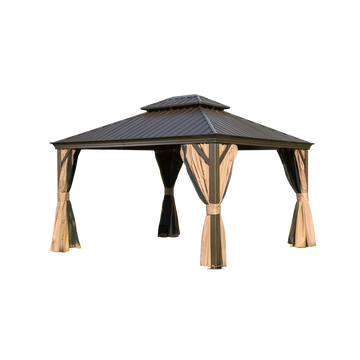 12'X14' Hardtop Gazebo, Outdoor Aluminum Frame Canopy With Galvanized Steel Double Roof, Outdoor Permanent Metal Pavilion With Curtains And Netting For Patio, Backyard And Lawn Brown Brown Aluminium