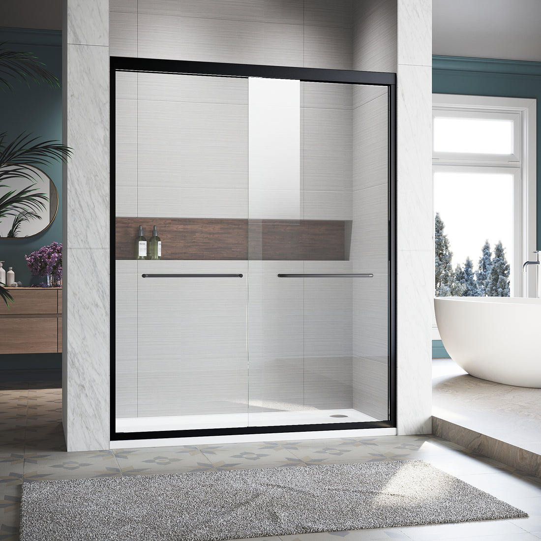 Sliding Shower Glass Door 56 60 In. W X 72 In. H, Adjustable Semi Frameless Shower Door, Certified Thick Clear Clear Tempered Glass, 304 Stainless Steel Handles, Black Finish Matt Black Aluminum