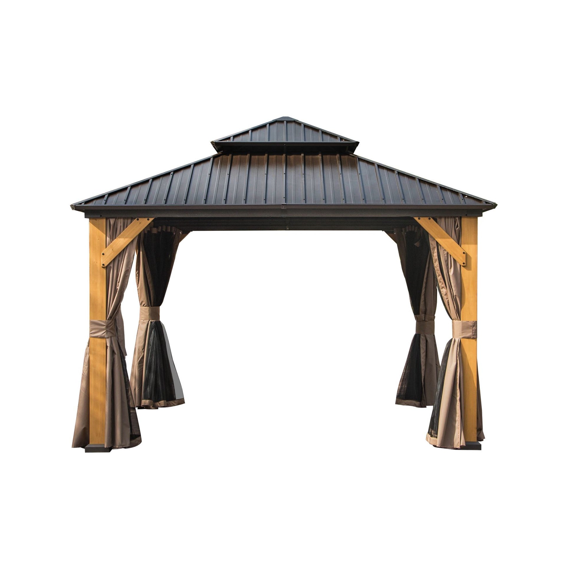 12'X12' Hardtop Gazebo, Outdoor Cedar Wood Frame Canopy With Galvanized Steel Double Roof, Outdoor Permanent Metal Pavilion With Curtains And Netting For Patio, Backyard And Lawn Brown Brown Metal & Wood