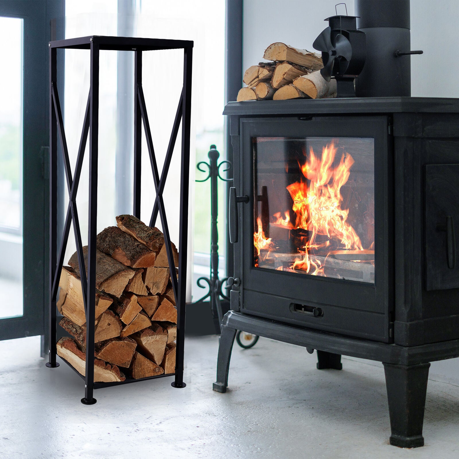 Decorative Firewood Storage Log Rack Holder For Outdoor Indoor Fireplace Fireplace Storage Log Rack Holder Wood Storage Logs Holder Fireside Holders Black Steel