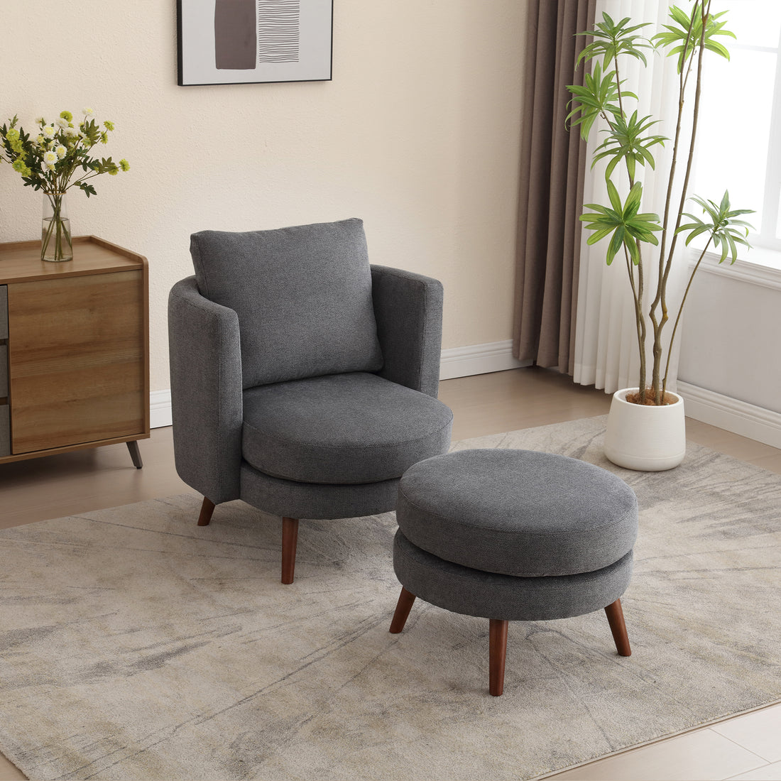 30.7" Wide Accent Chair With Ottoman Armchair Upholstered Reading Chair Single Sofa With Wooden Leg And Throw Pillow For Living Room Bedroom Dorm Room Office, Charcoal Polyester Blend Charcoal