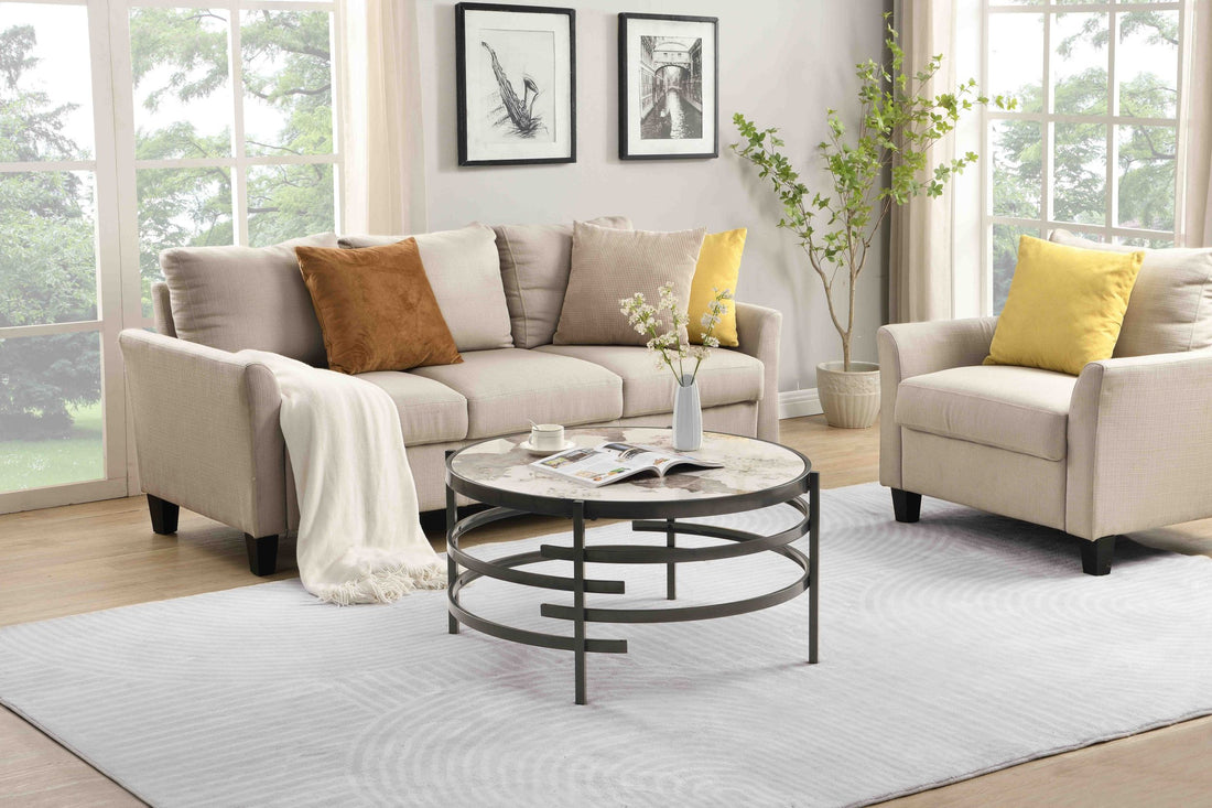 32.48'' Round Coffee Table With Sintered Stone Top&Sturdy Metal Frame, Modern Coffee Table For Living Room, Darker Gray Gray Iron