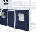 Twin Size Bunk Wood House Bed With Elegant Windows, Sills And Tent, Blue White Twin White Blue Solid Wood Mdf