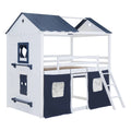 Full Size Bunk Wood House Bed With Elegant Windows, Sills And Tent, Blue White White Blue Solid Wood Mdf