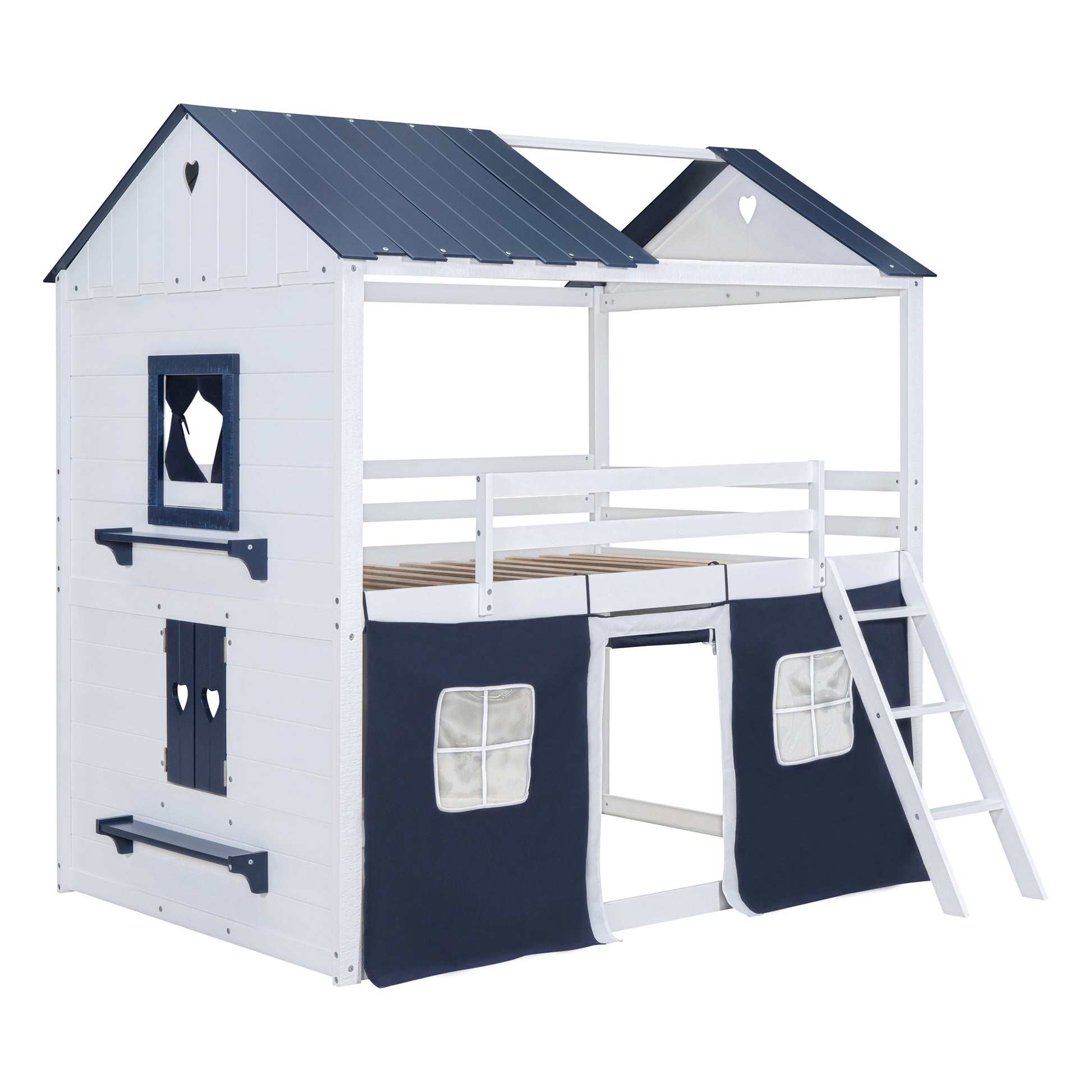 Full Size Bunk Wood House Bed With Elegant Windows, Sills And Tent, Blue White White Blue Solid Wood Mdf