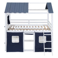 Full Size Bunk Wood House Bed With Elegant Windows, Sills And Tent, Blue White White Blue Solid Wood Mdf