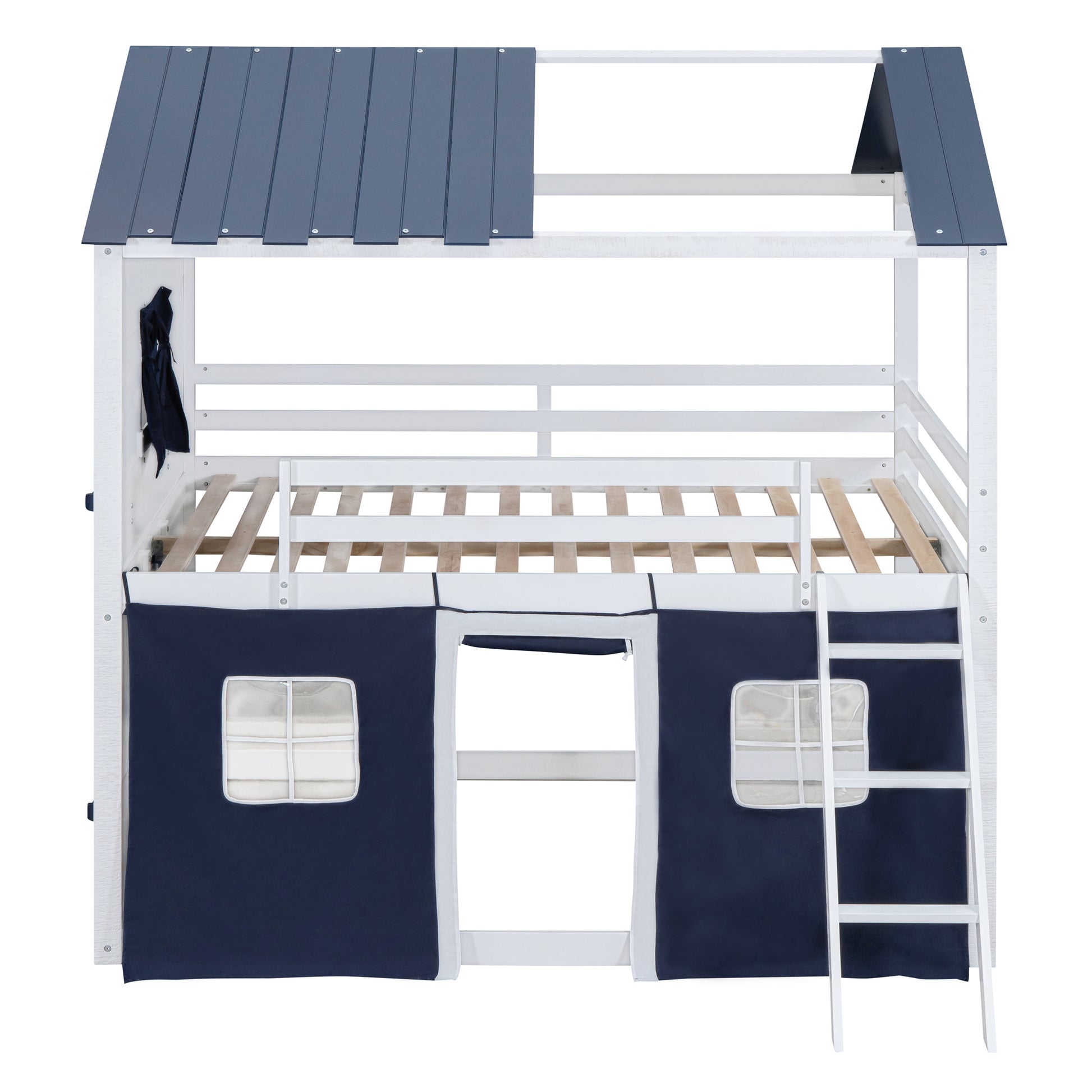 Full Size Bunk Wood House Bed With Elegant Windows, Sills And Tent, Blue White White Blue Solid Wood Mdf