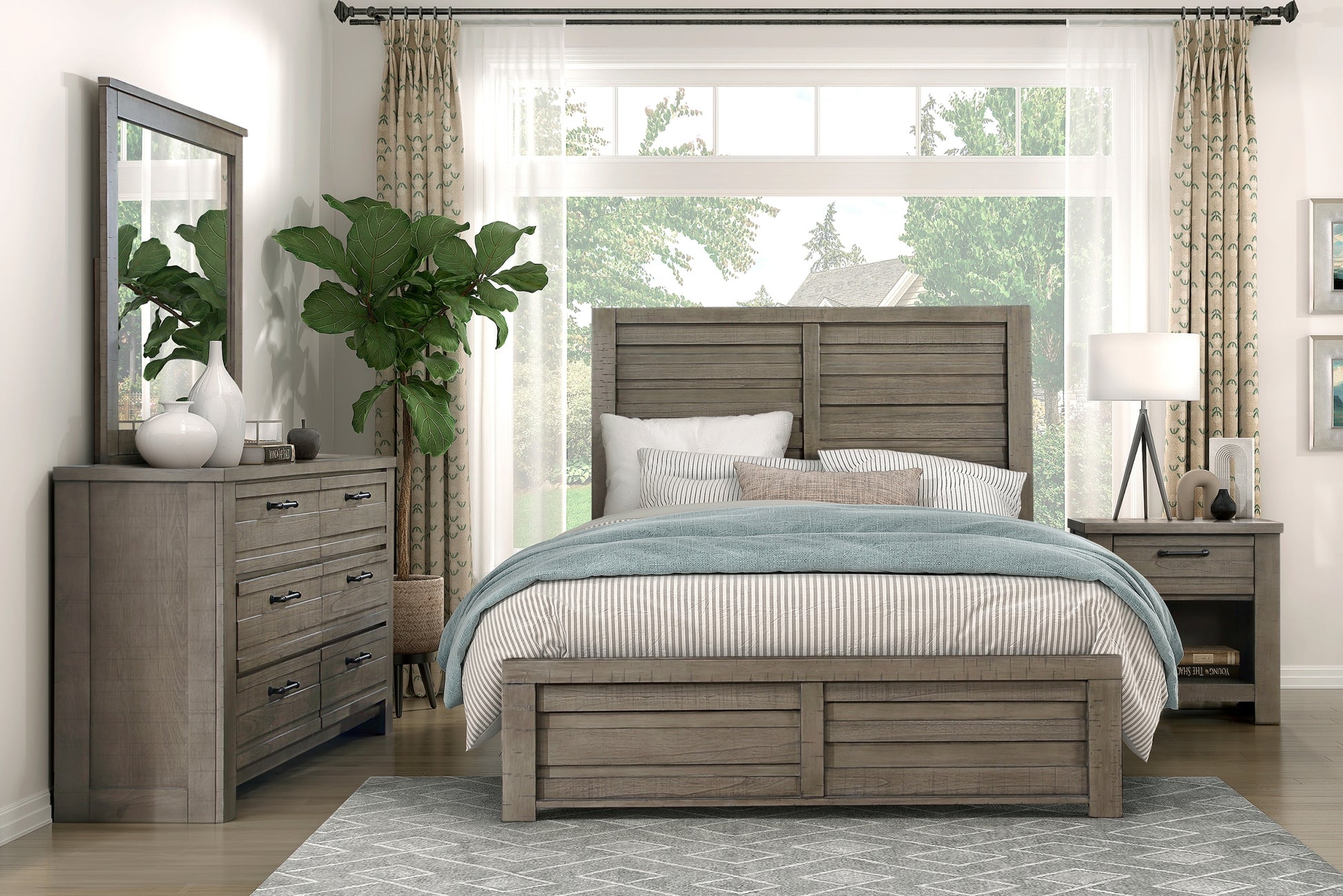 Rustic Style Gray Finish 1Pc Queen Size Panel Bed Wooden Bedroom Furniture Low Profile Footboard Box Spring Required Queen Gray Wood Bedroom Industrial,Rustic Panel Wood