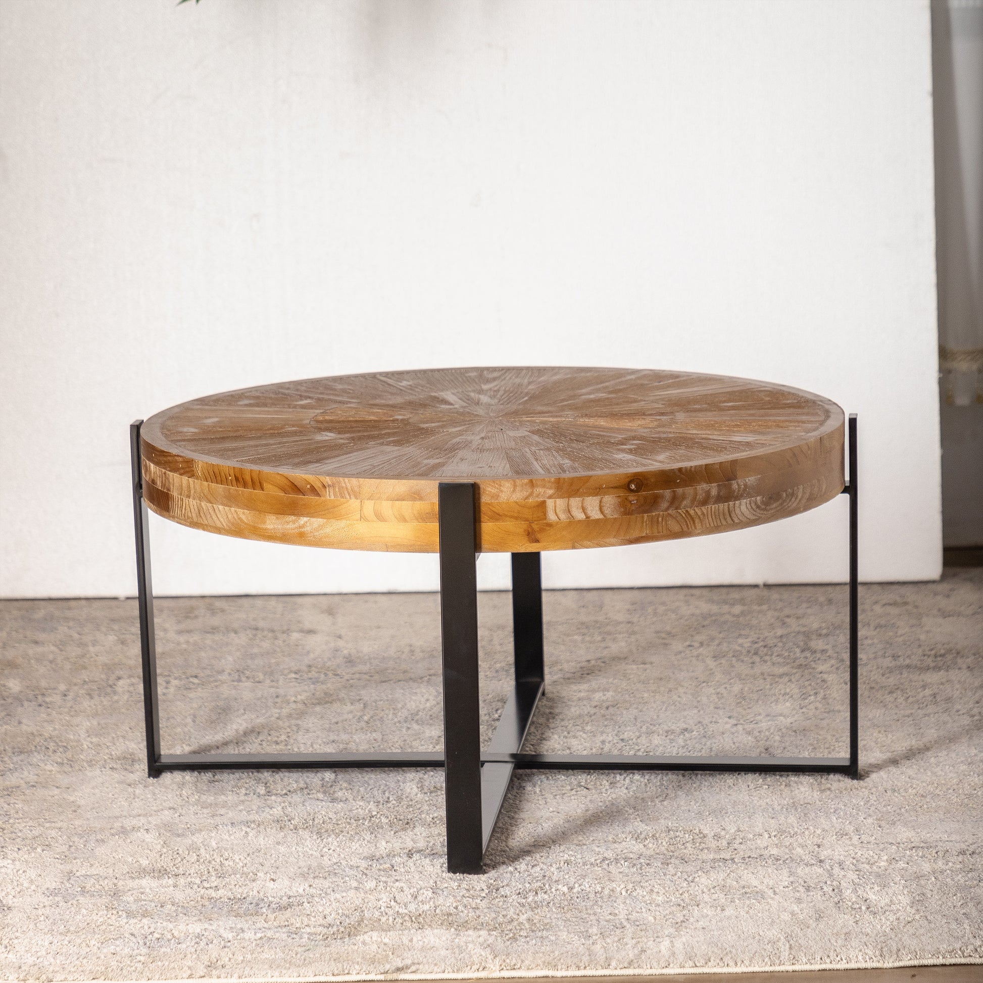 33.46"Retro Drawing Technology Splicing Round Coffee Table,Fir Wood Table Top With Black Cross Legs Base Natural Mdf Steel