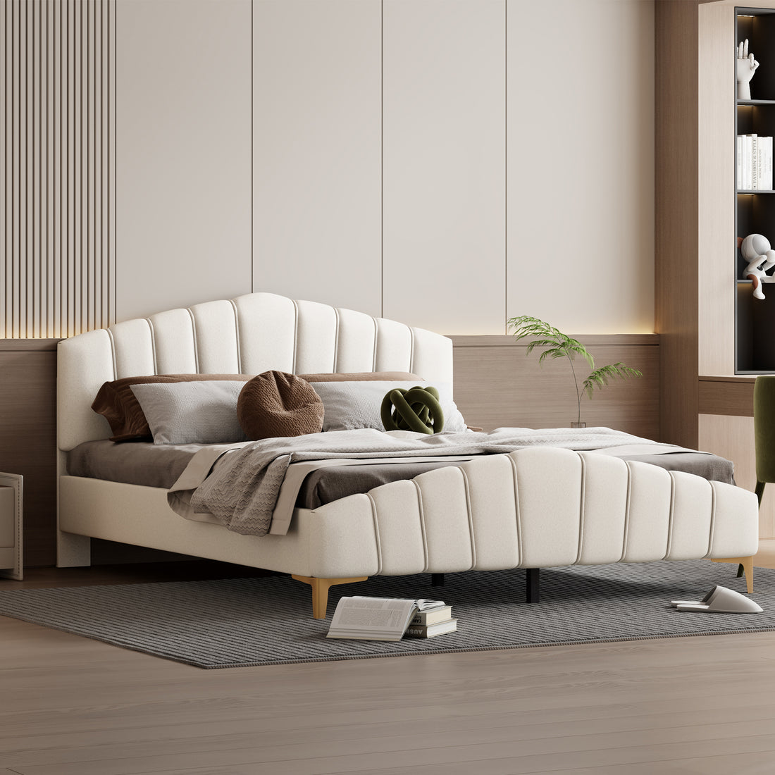 Queen Size Velvet Platform Bed With Thick Fabric, Stylish Stripe Decorated Bedboard And Elegant Metal Bed Leg, Beige Beige Velvet