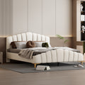Queen Size Velvet Platform Bed With Thick Fabric, Stylish Stripe Decorated Bedboard And Elegant Metal Bed Leg, Beige Beige Velvet