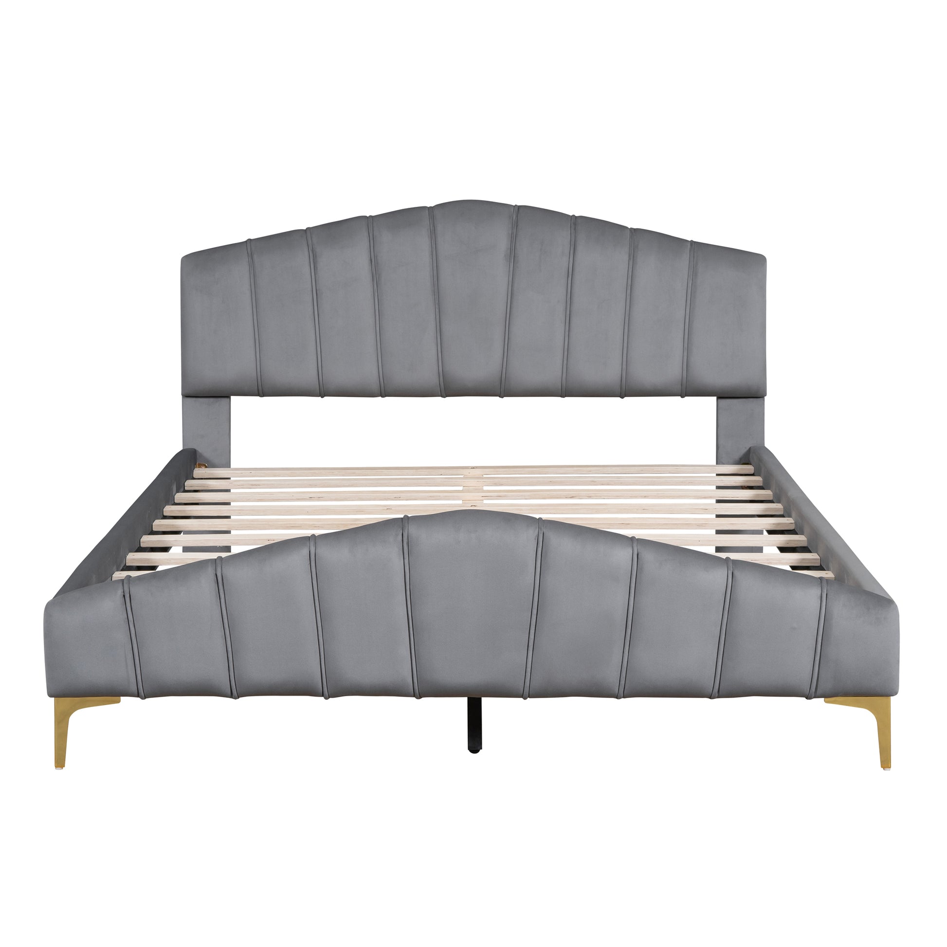 Queen Size Velvet Platform Bed With Thick Fabric, Stylish Stripe Decorated Bedboard And Elegant Metal Bed Leg, Gray Gray Velvet