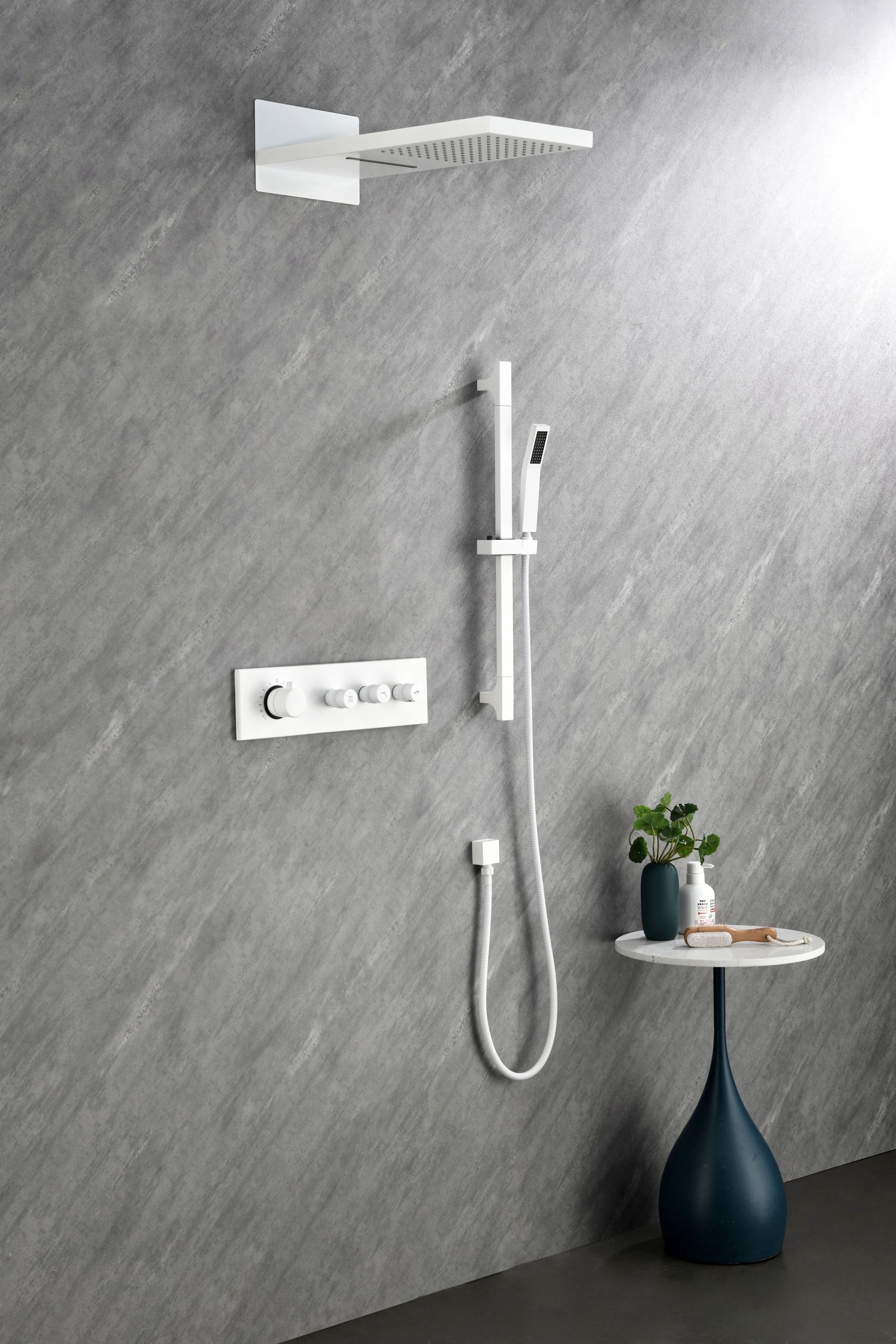 Wall Mounted Waterfall Rain Shower System With 3 Body Sprays & Handheld Shower White Brass