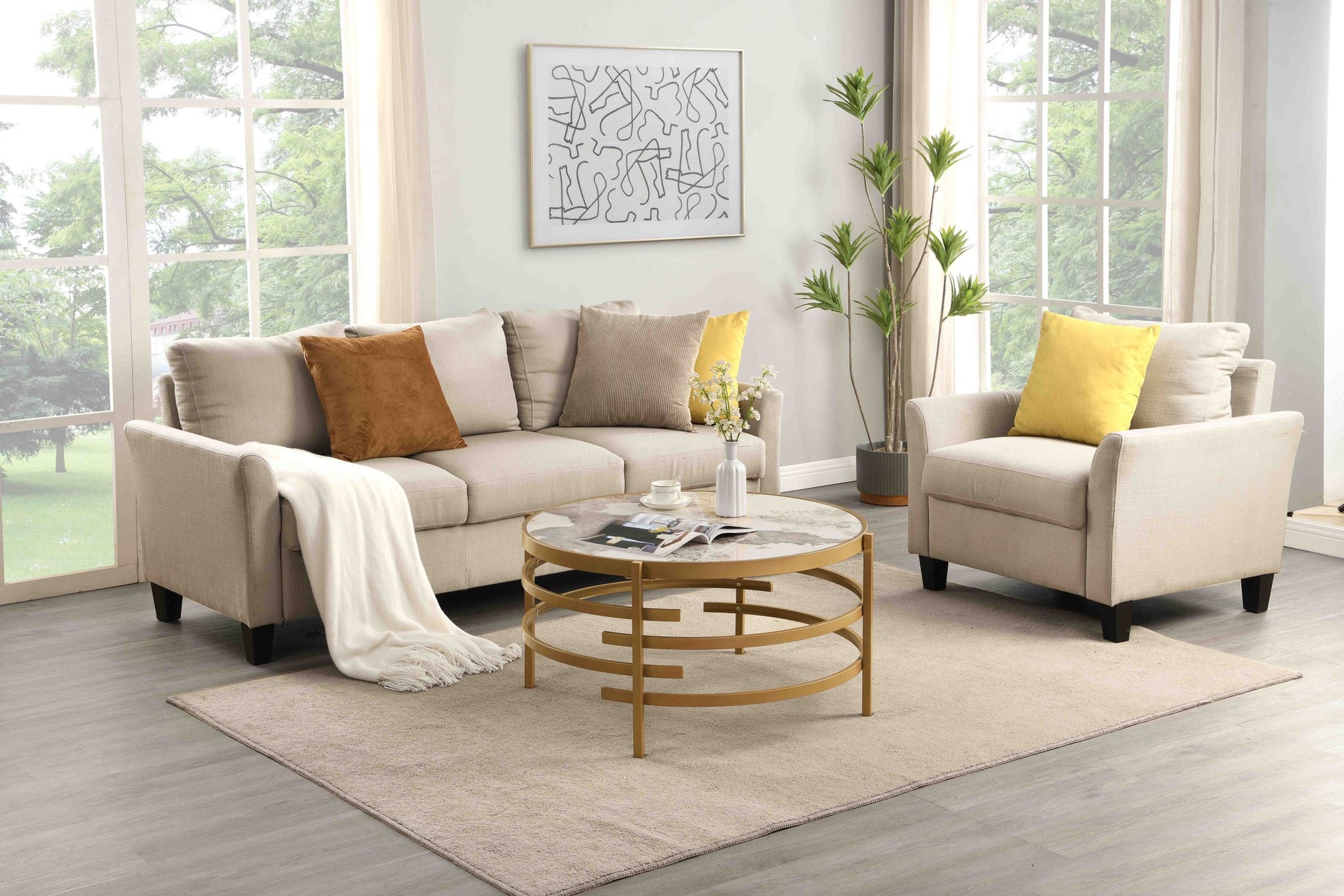 32.48'' Round Coffee Table With Sintered Stone Top&Sturdy Metal Frame, Modern Coffee Table For Living Room, Golden Golden Iron