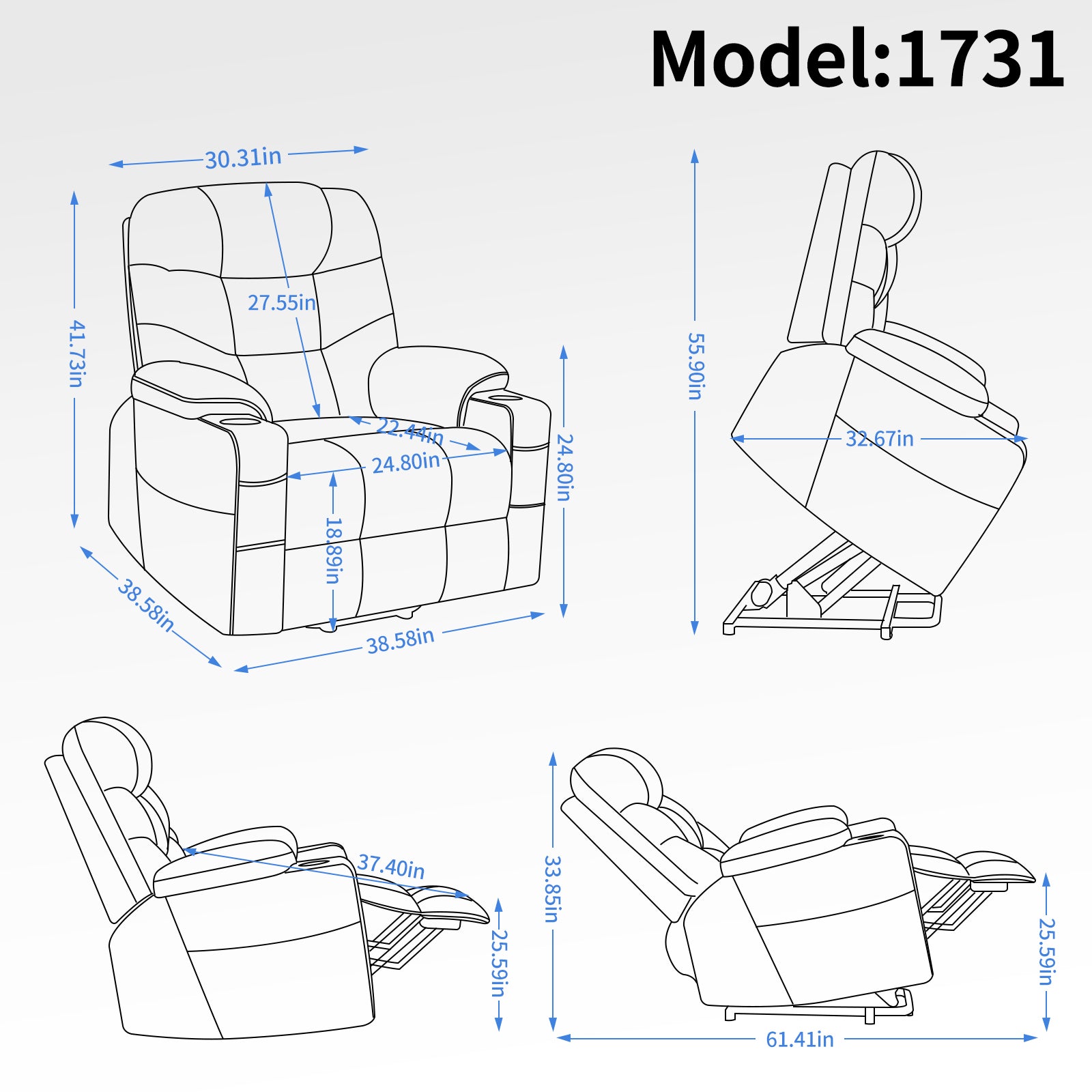 Up To 350 Lbs Power Lift Recliner Chair, Heavy Duty Motion Mechanism With 8 Point Vibration Massage And Lumbar Heating, Cup Holders, Usb And Type C Ports, Removable Cushions, Blue White Metal Primary Living Space Heavy Duty Pine Blue Gray Microfiber