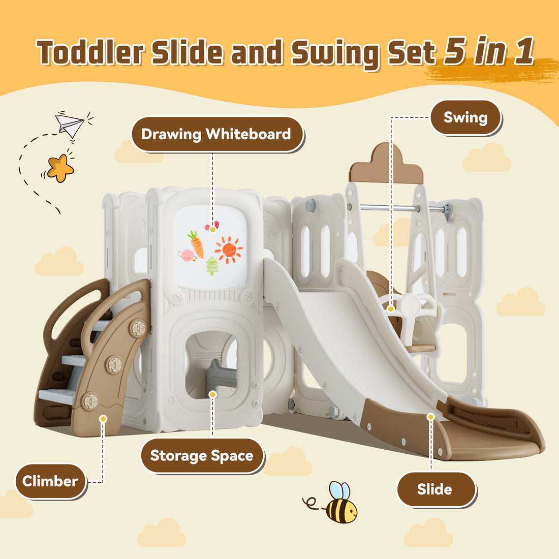 5 In 1 Toddler Slide And Swing Set, Kids Playground Climber Slide Playset With Drawing Whiteboard, Freestanding Combination For Babies Coffee 50 99 Lbs Hdpe