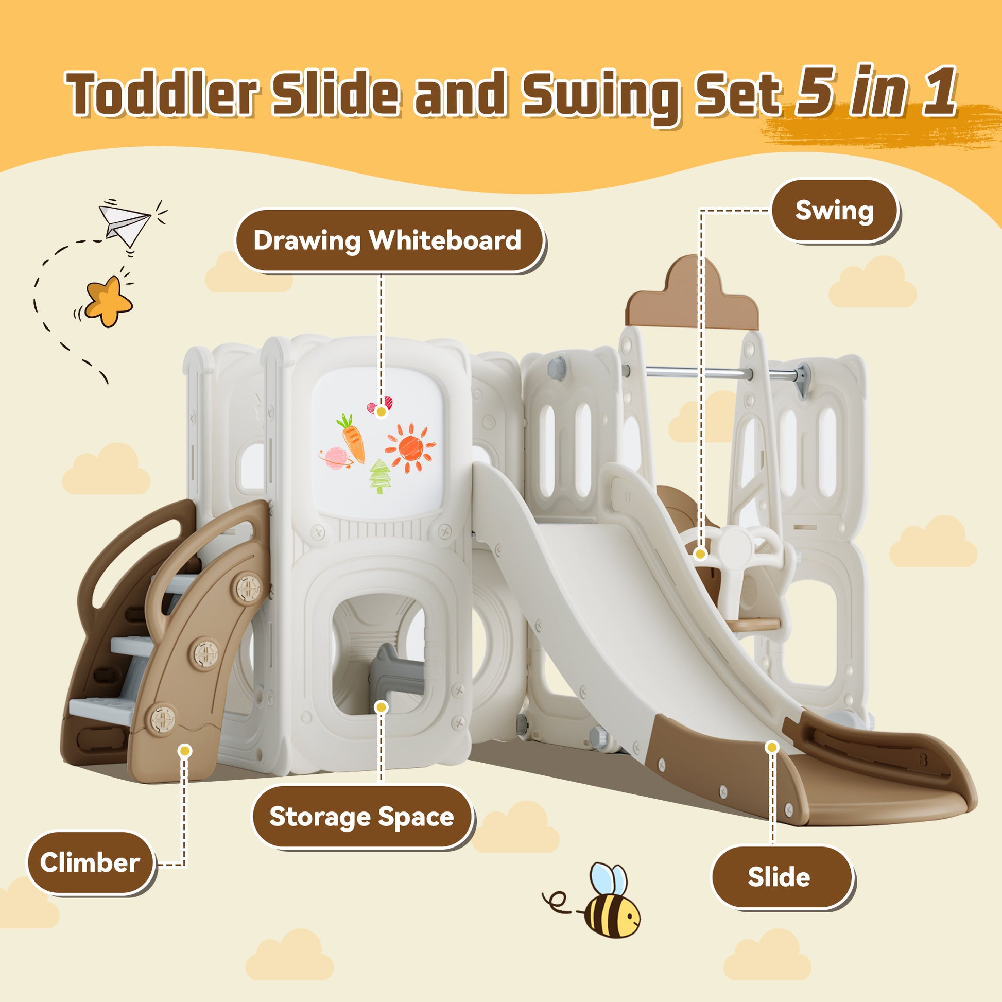 5 In 1 Toddler Slide And Swing Set, Kids Playground Climber Slide Playset With Drawing Whiteboard, Freestanding Combination For Babies Coffee 50 99 Lbs Hdpe