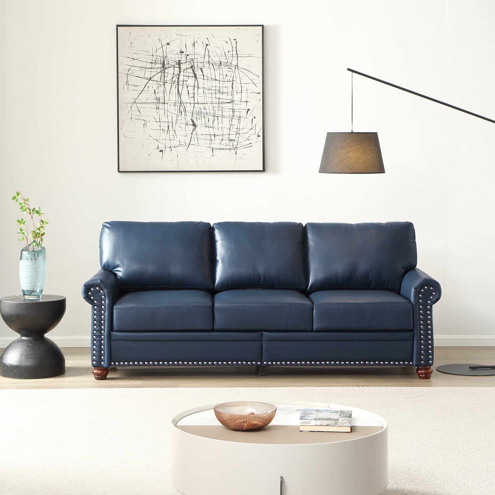 Classic Living Room Nails Sofa Navy Blue Faux Leather Navy Blue Foam Pu Leather