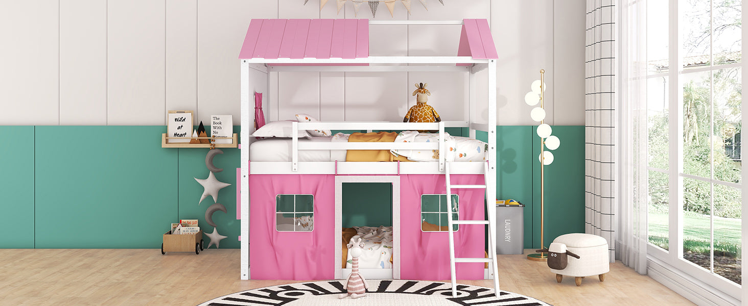 Full Size Bunk Wood House Bed With Elegant Windows, Sills And Tent, Pink White White Pink Solid Wood Mdf