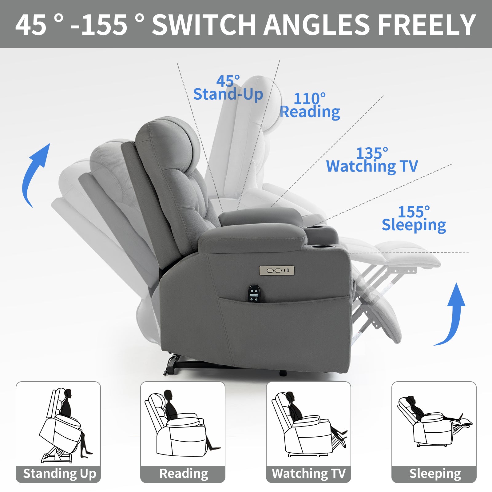 Okin Motor Up To 350 Lbs Power Lift Recliner Chair, Heavy Duty Motion Mechanism With 8 Point Vibration Massage And Lumbar Heating, Cup Holders, Usb And Type C Ports, Removable Cushions, Grey White Metal Primary Living Space Heavy Duty Pine Grey