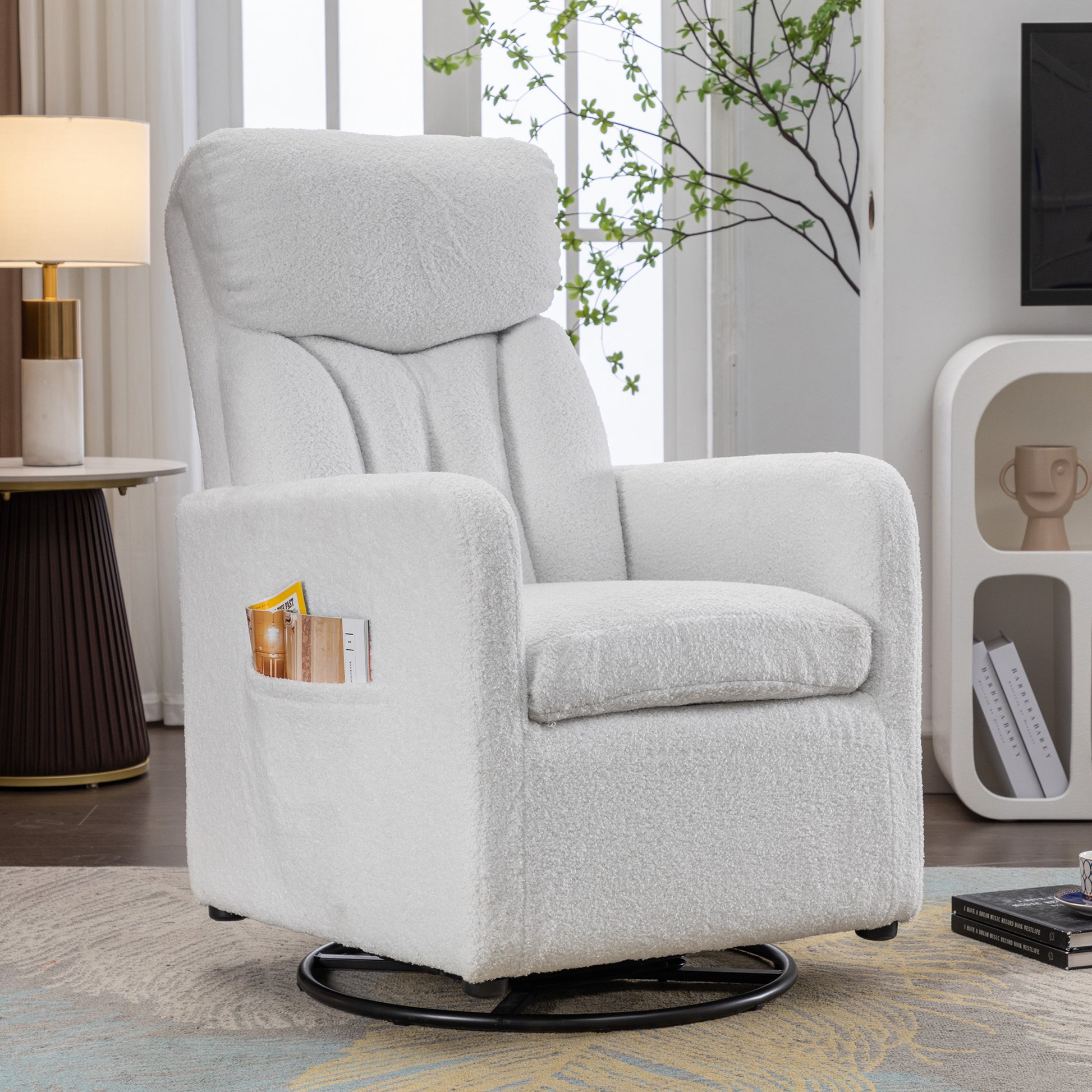 022 Teddy Fabric Swivel Rocking Chair Gilder Chair With Pocket,White Cushion Solid White White Primary Living Space Sponge Wipe Clean Modern Rocking Chairs Eucalyptus Tufted Back Foam Teddy