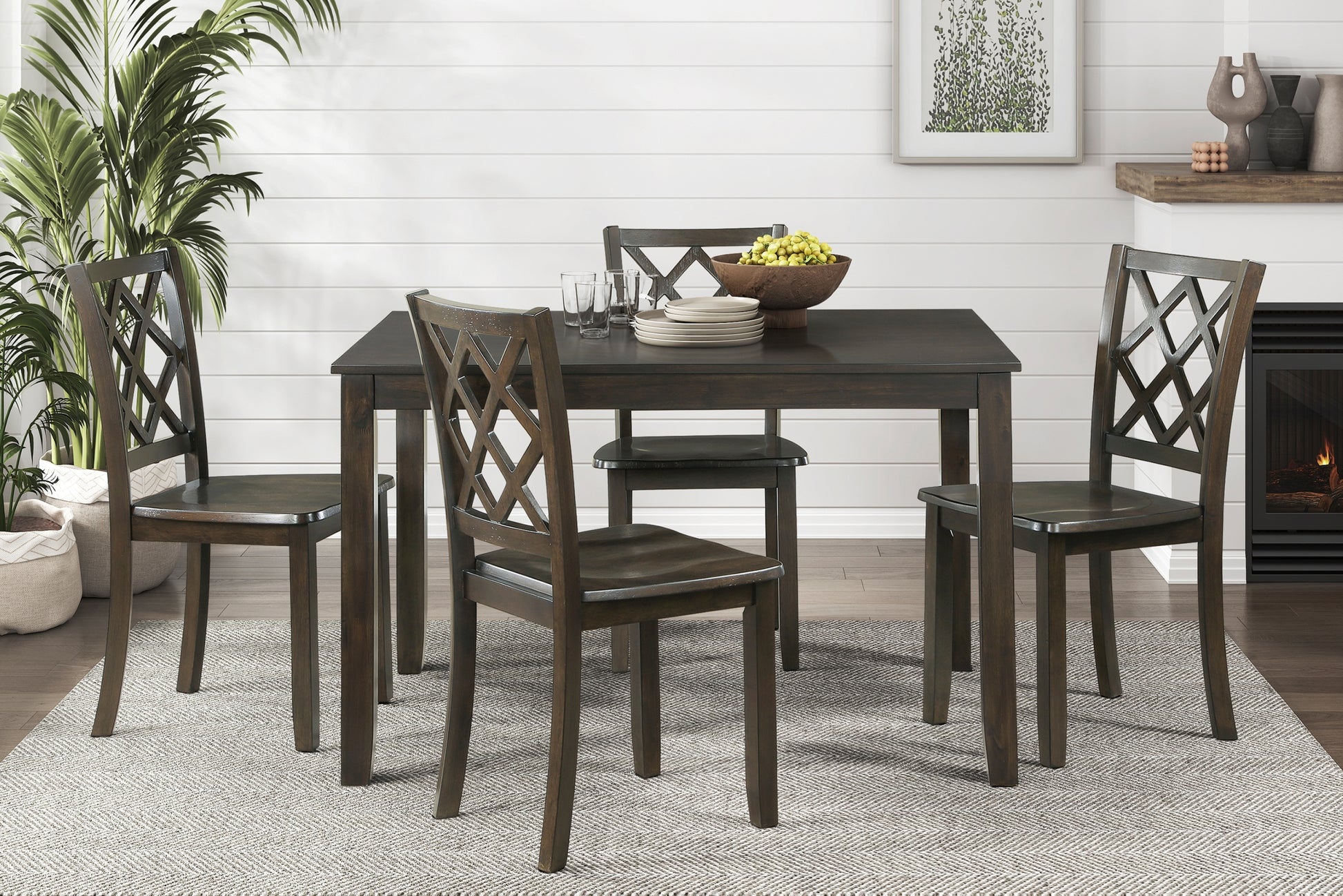 Classic Transitional 5Pc Dining Set Dining Table And Four Side Chairs Set Charcoal Finish Lattice Back Chairs Wooden Dining Furniture Set Wood Wood Charcoal Seats 4 Wood Dining Room 48 Inches Casual,Classic,Transitional 4 Leg Rectangular Dining Table