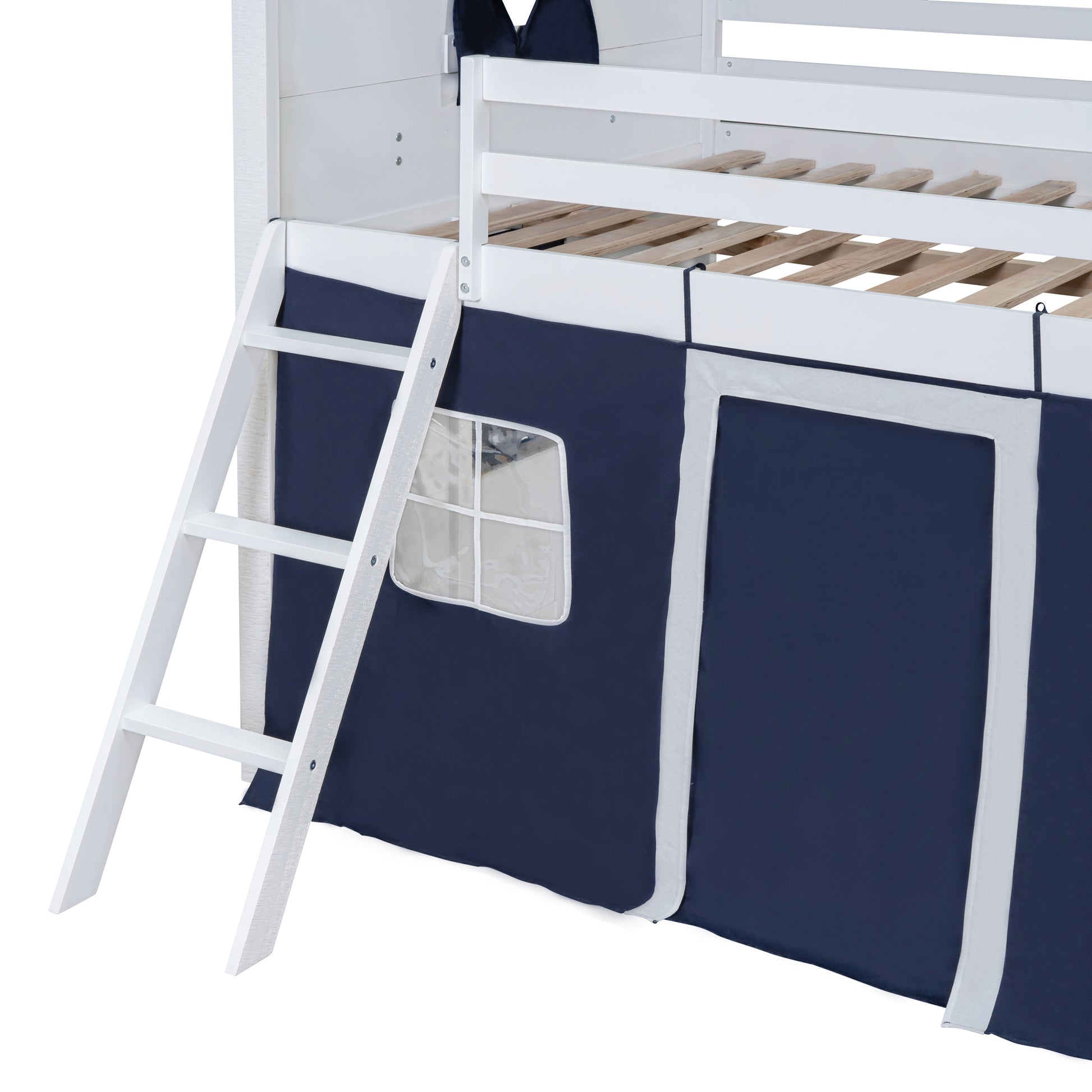 Full Size Bunk Wood House Bed With Elegant Windows, Sills And Tent, Blue White White Blue Solid Wood Mdf