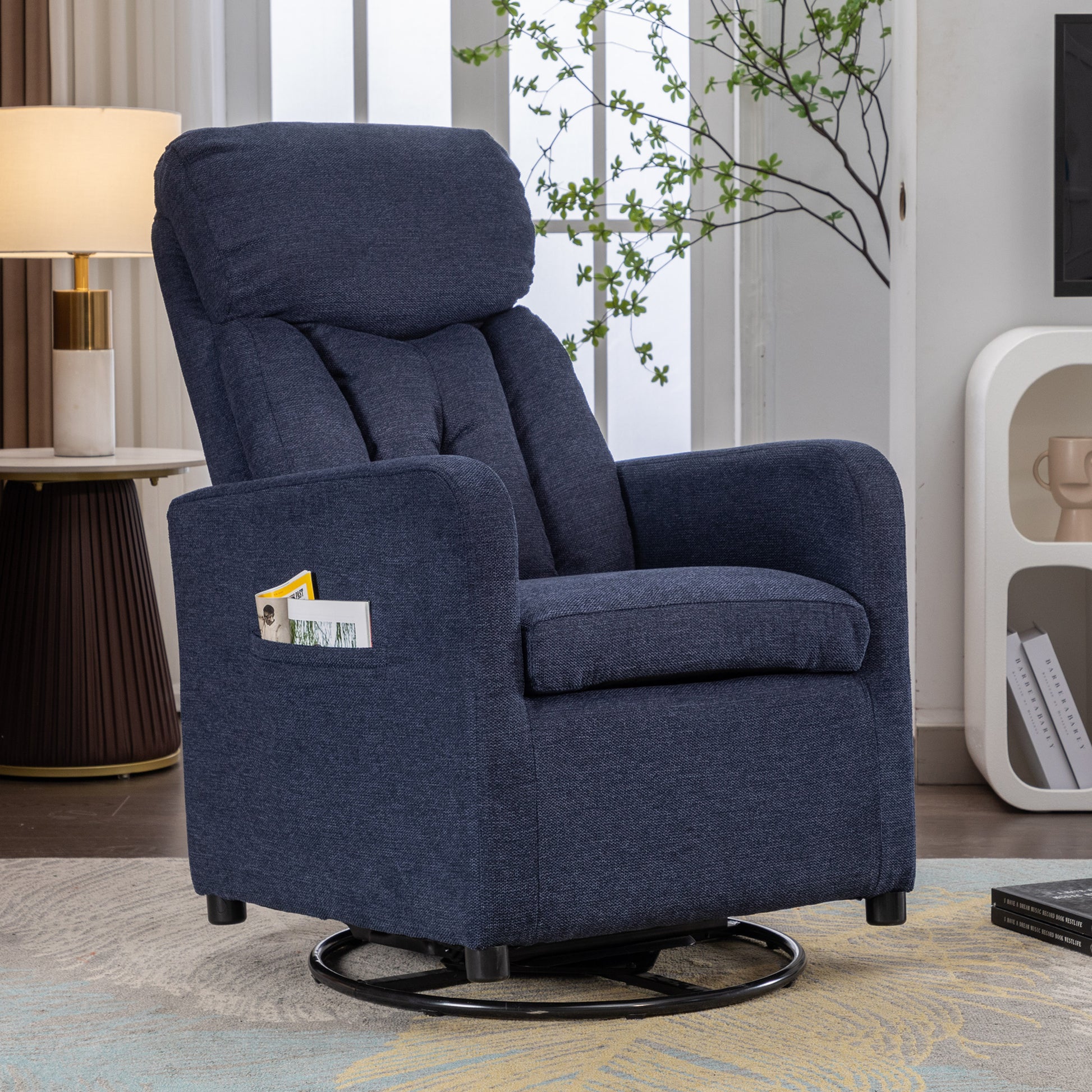 022 Linen Fabric Swivel Rocking Chair Gilder Chair With Pocket,Navy Blue Cushion Solid Navy Blue White Primary Living Space Foam Wipe Clean Modern Rocking Chairs Eucalyptus Tufted Back Foam Linen