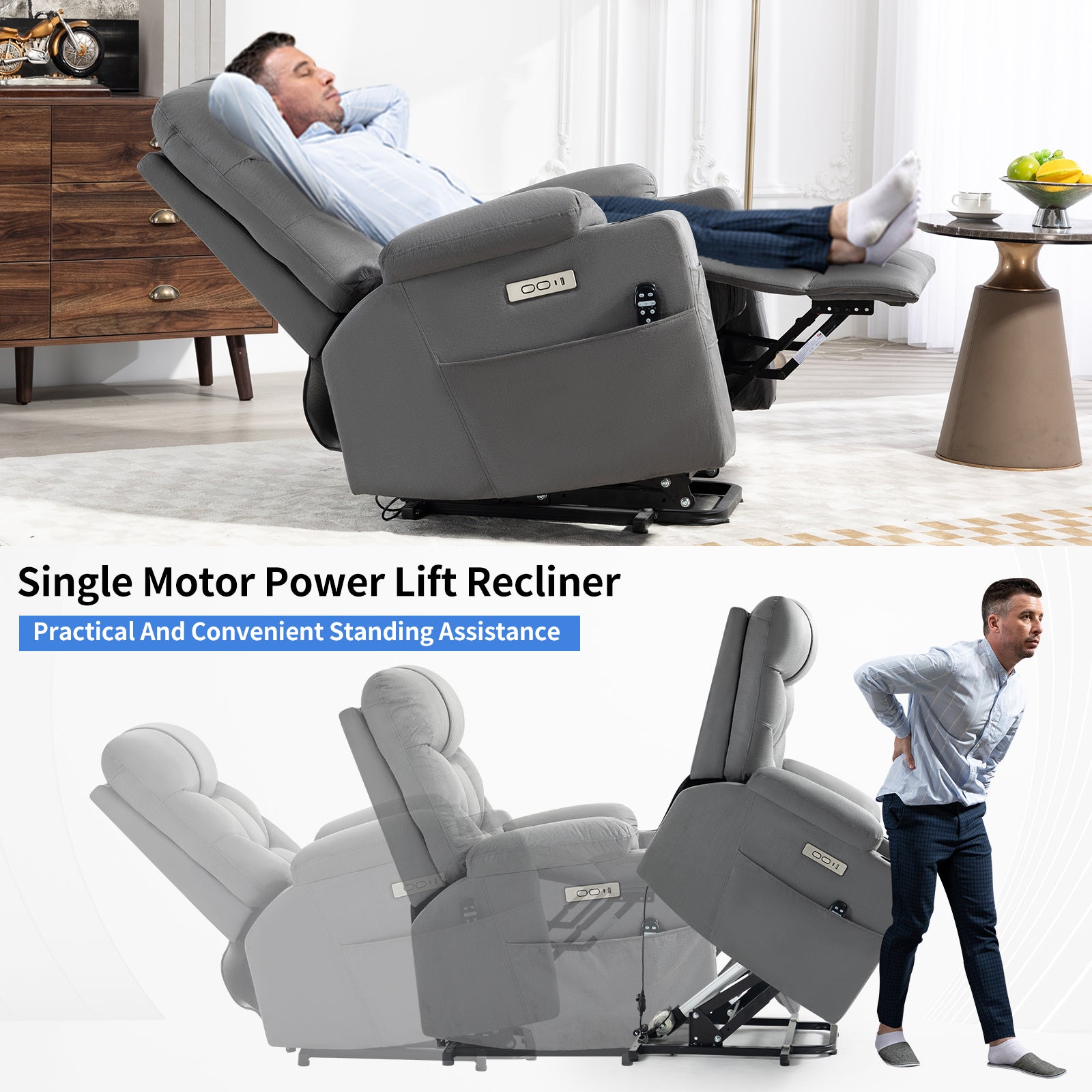 Okin Motor Up To 350 Lbs Power Lift Recliner Chair, Heavy Duty Motion Mechanism With 8 Point Vibration Massage And Lumbar Heating, Cup Holders, Usb And Type C Ports, Removable Cushions, Grey White Metal Primary Living Space Heavy Duty Pine Grey