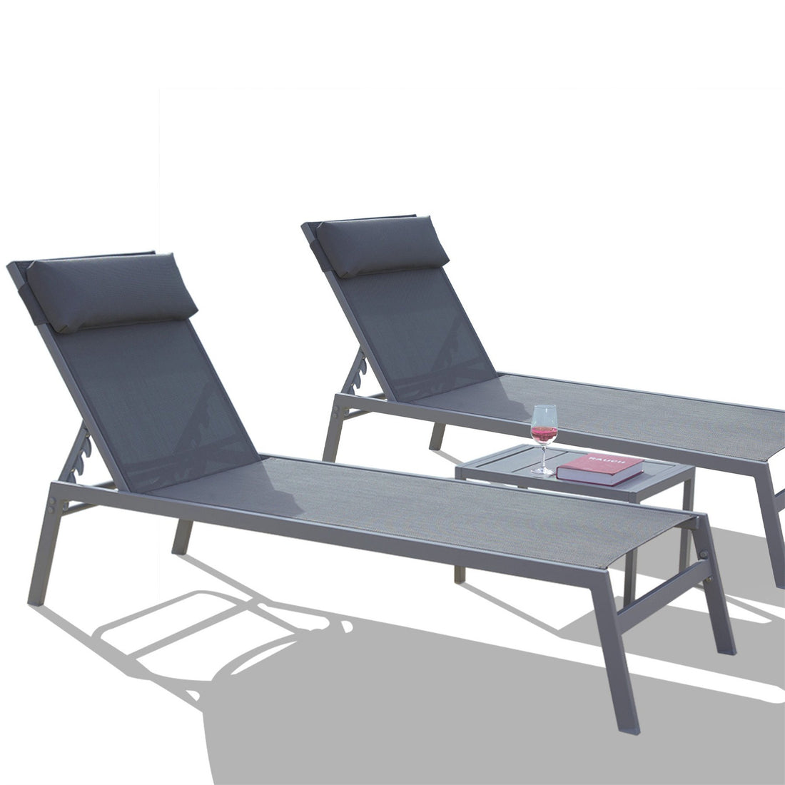 Patio Chaise Lounge Set, 3 Pieces Adjustable Backrest Pool Lounge Chairs Steel Textilene Sunbathing Recliner With Headrest Grey,2 Lounge Chair 1 Table Grey Steel