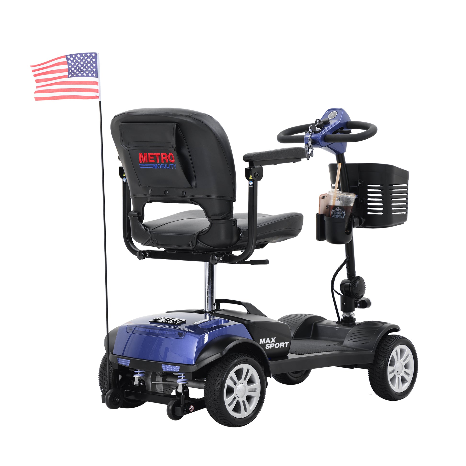 Max Sport Blue 4 Wheels Outdoor Compact Mobility Scooter With 2 In 1 Cup & Phone Holder Blue Metal