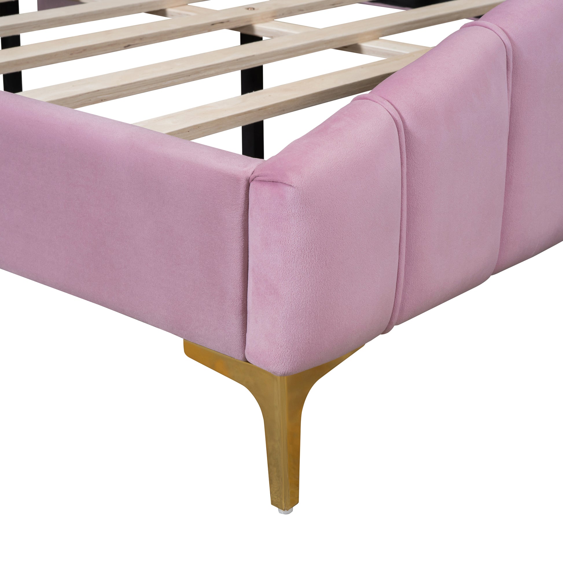 Queen Size Velvet Platform Bed With Thick Fabric, Stylish Stripe Decorated Bedboard And Elegant Metal Bed Leg, Pink Pink Velvet