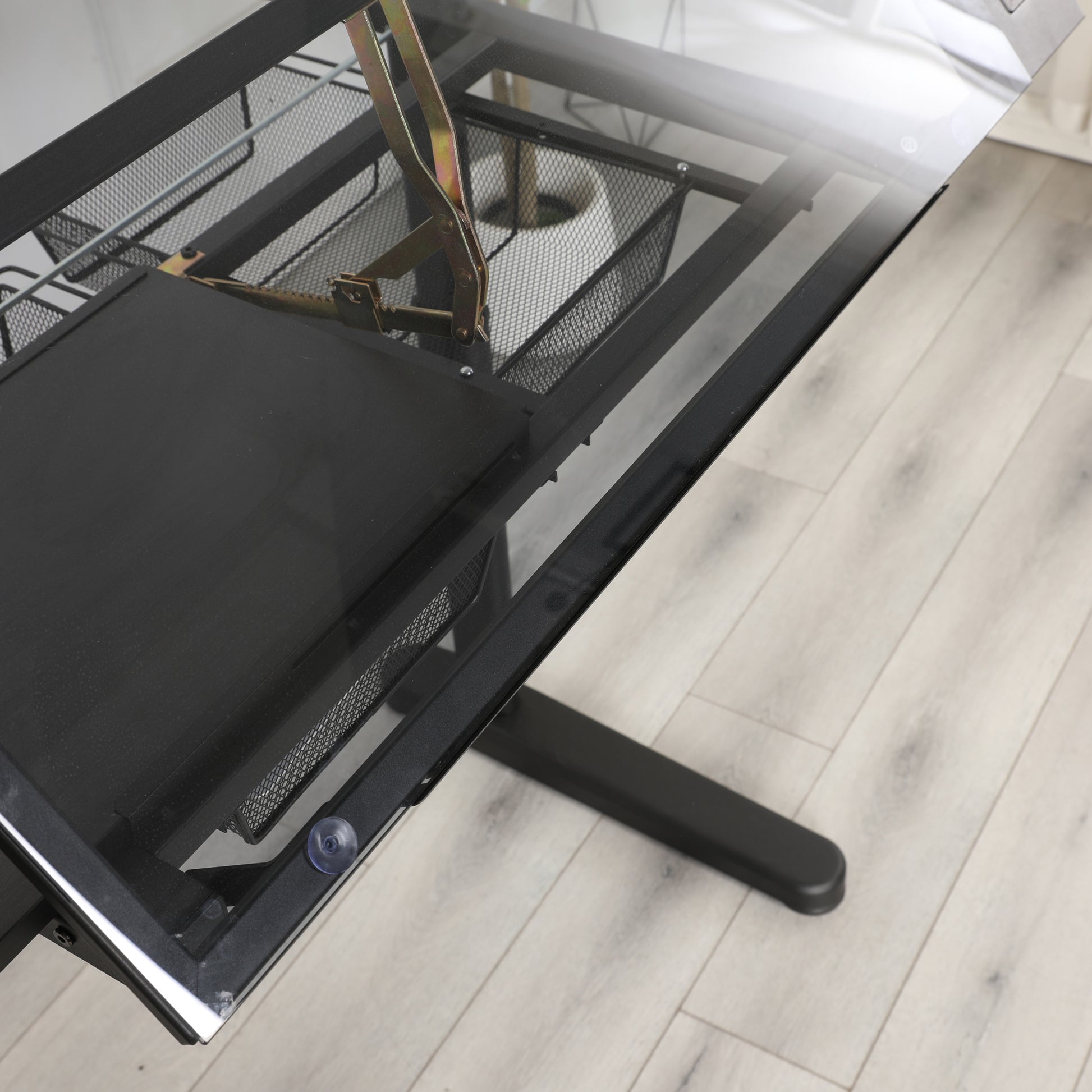 Hand Crank Adjustable Drafting Table Drawing Desk With 2 Metal Drawers Black With Stool Black Tempered Glass Sheet Metal Plastic