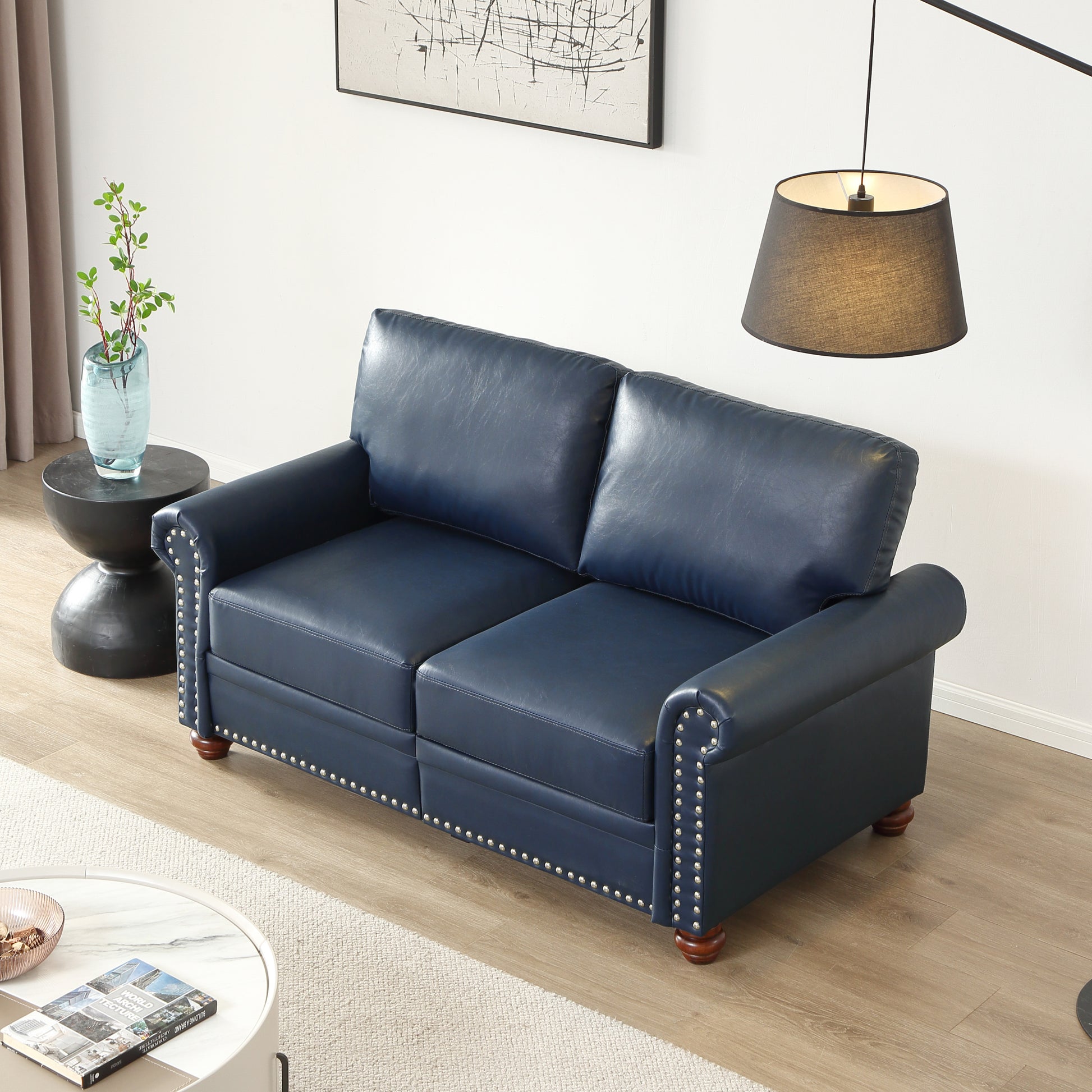 Living Room Sofa Loveseat Chair Navy Blue Faux Leather Navy Blue Foam Pu Leather