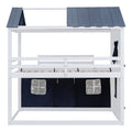 Full Size Bunk Wood House Bed With Elegant Windows, Sills And Tent, Blue White White Blue Solid Wood Mdf