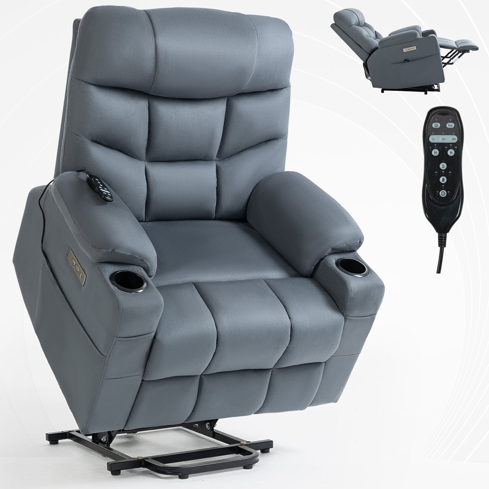 Up To 350 Lbs Power Lift Recliner Chair, Heavy Duty Motion Mechanism With 8 Point Vibration Massage And Lumbar Heating, Cup Holders, Usb And Type C Ports, Removable Cushions, Blue White Metal Primary Living Space Heavy Duty Pine Blue Gray Microfiber