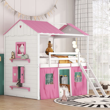 Full Size Bunk Wood House Bed With Elegant Windows, Sills And Tent, Pink White White Pink Solid Wood Mdf