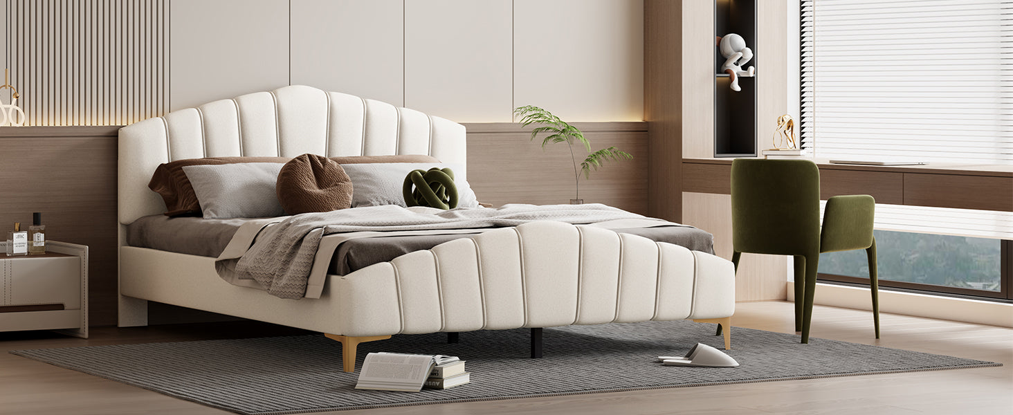 Queen Size Velvet Platform Bed With Thick Fabric, Stylish Stripe Decorated Bedboard And Elegant Metal Bed Leg, Beige Beige Velvet