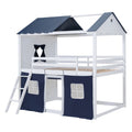 Full Size Bunk Wood House Bed With Elegant Windows, Sills And Tent, Blue White White Blue Solid Wood Mdf