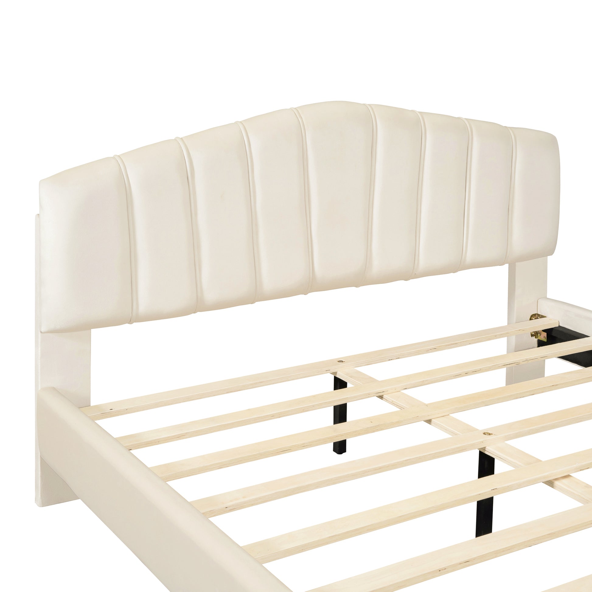 Queen Size Velvet Platform Bed With Thick Fabric, Stylish Stripe Decorated Bedboard And Elegant Metal Bed Leg, Beige Beige Velvet