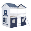 Full Size Bunk Wood House Bed With Elegant Windows, Sills And Tent, Blue White White Blue Solid Wood Mdf