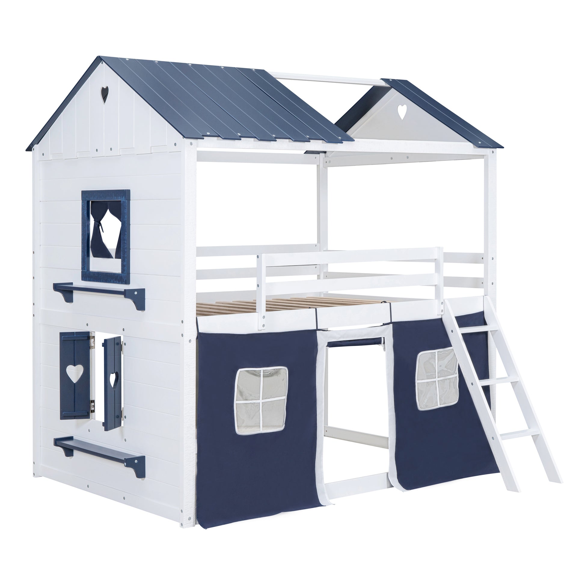 Full Size Bunk Wood House Bed With Elegant Windows, Sills And Tent, Blue White White Blue Solid Wood Mdf