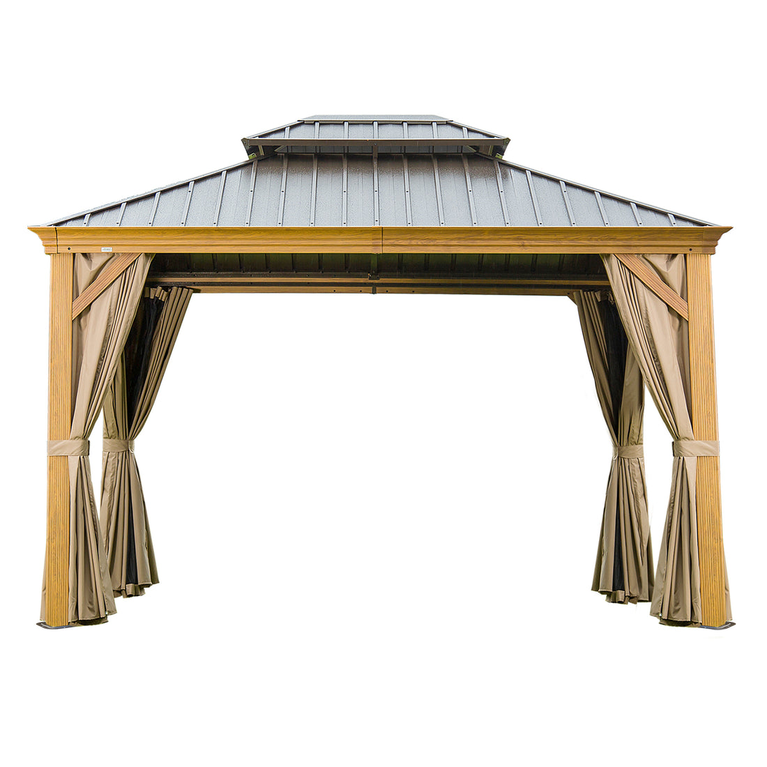 10'X12' Hardtop Gazebo, Wooden Coated Aluminum Frame Canopy With Galvanized Steel Double Roof, Outdoor Permanent Metal Pavilion With Curtains And Netting For Patio, Deck And Lawn Wood Looking Yellow Brown Aluminium