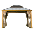 10'X12' Hardtop Gazebo, Wooden Coated Aluminum Frame Canopy With Galvanized Steel Double Roof, Outdoor Permanent Metal Pavilion With Curtains And Netting For Patio, Deck And Lawn Wood Looking Yellow Brown Aluminium