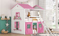 Full Size Bunk Wood House Bed With Elegant Windows, Sills And Tent, Pink White White Pink Solid Wood Mdf