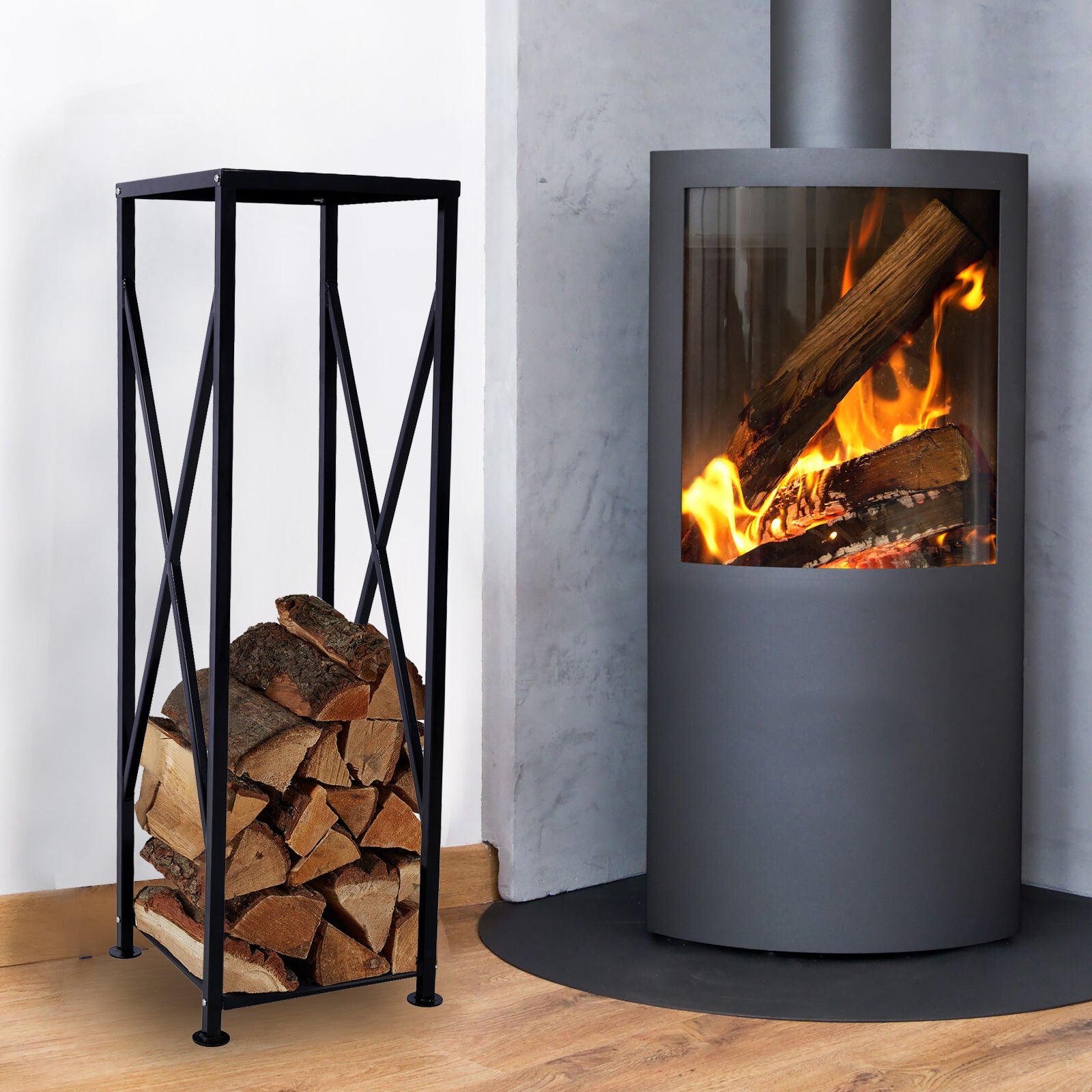 Decorative Firewood Storage Log Rack Holder For Outdoor Indoor Fireplace Fireplace Storage Log Rack Holder Wood Storage Logs Holder Fireside Holders Black Steel
