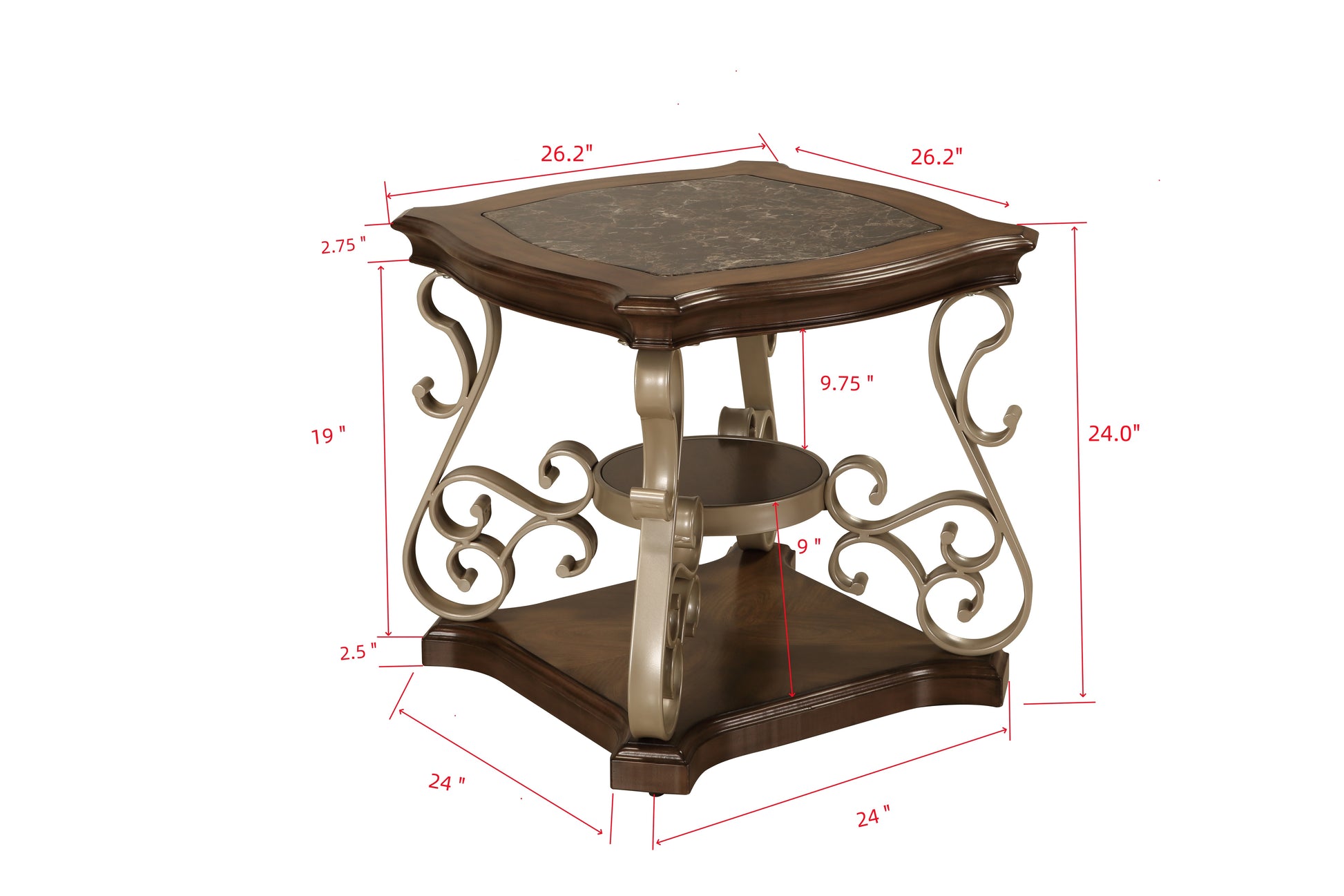 End Table, Marble Paper Top, Mdf With Brich Middle Shelf, Powder Coat Finish Metal Legs. 26.2"Lx26.2"Wx24"H Brown Lockable Drawer Or Cabinet Z Shape Dining Room Birch Champagne Desk Top Floor Mount Square Shelves Coffee & End Tables Glossy Mdf Pedestal