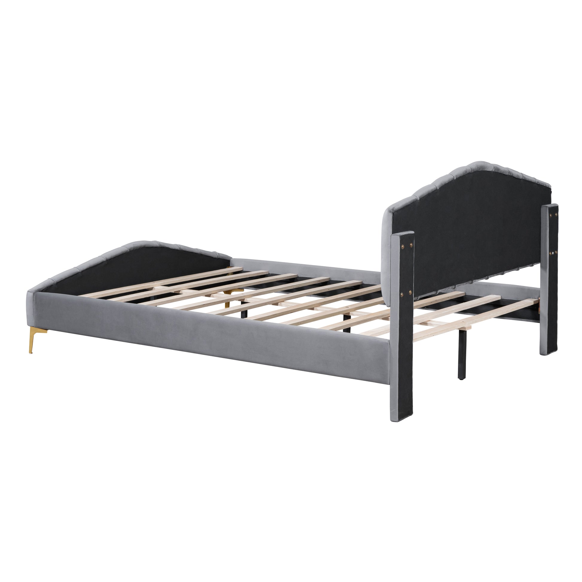 Queen Size Velvet Platform Bed With Thick Fabric, Stylish Stripe Decorated Bedboard And Elegant Metal Bed Leg, Gray Gray Velvet